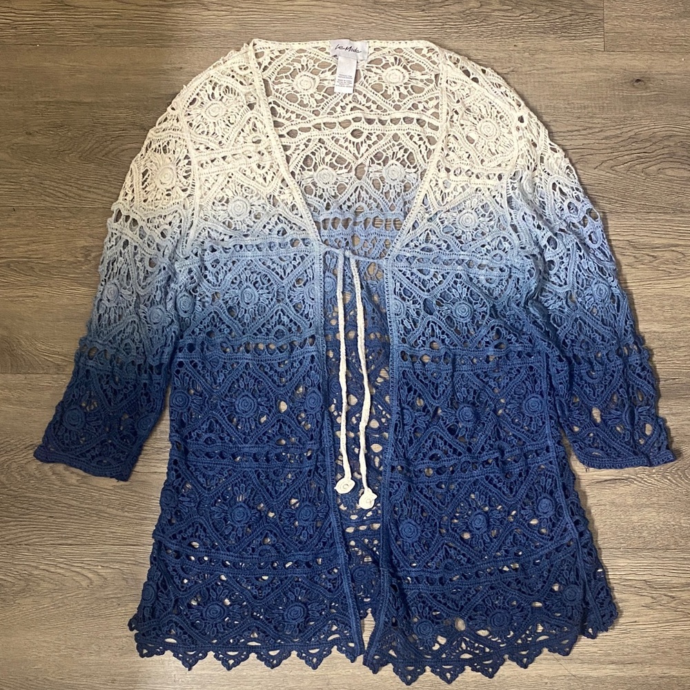 Bohemian Blue and Cream Crochet front tie Cardigan